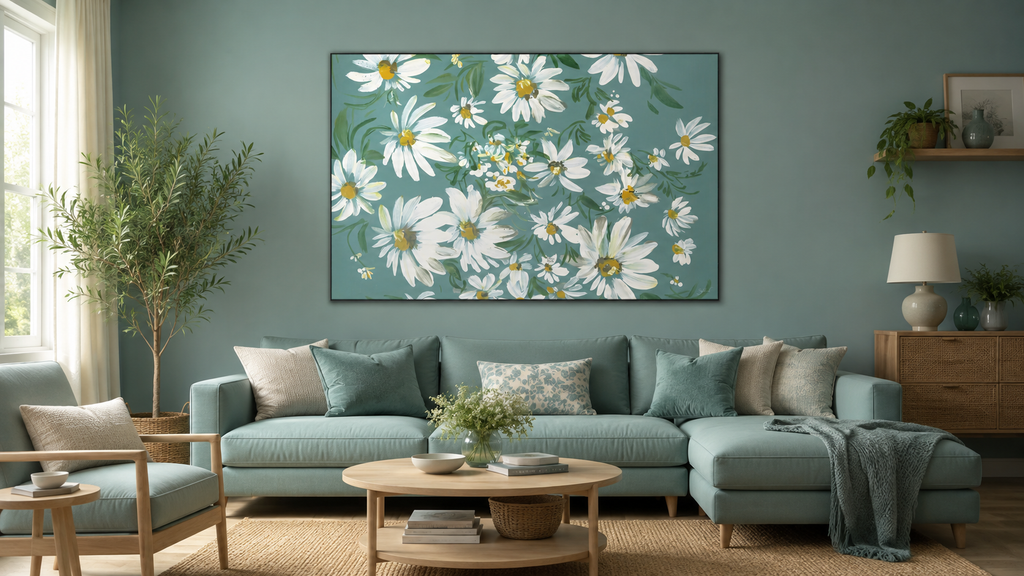 Blue White Flower — Daisies on Teal Large Canvas Wall Art