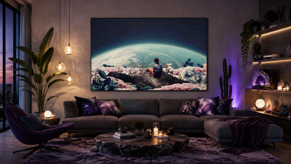 My World Blossomed — Woman Looking at Earth Large Canvas Wall Art