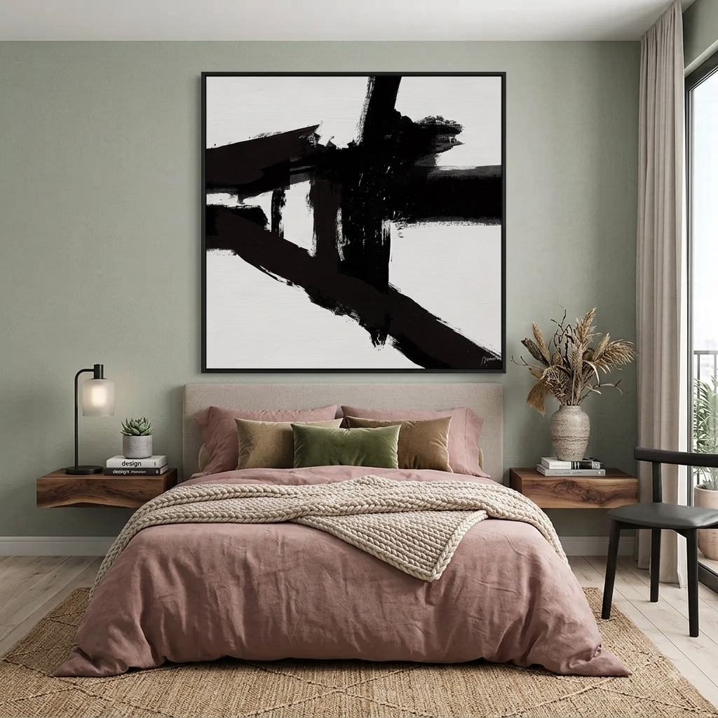Oversized Abstract Canvas for a Bedroom Black Brushstrokes on White