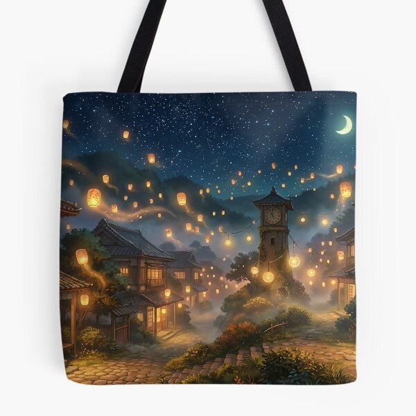 Sky Lantern Village Ghibli night art Tote Bag