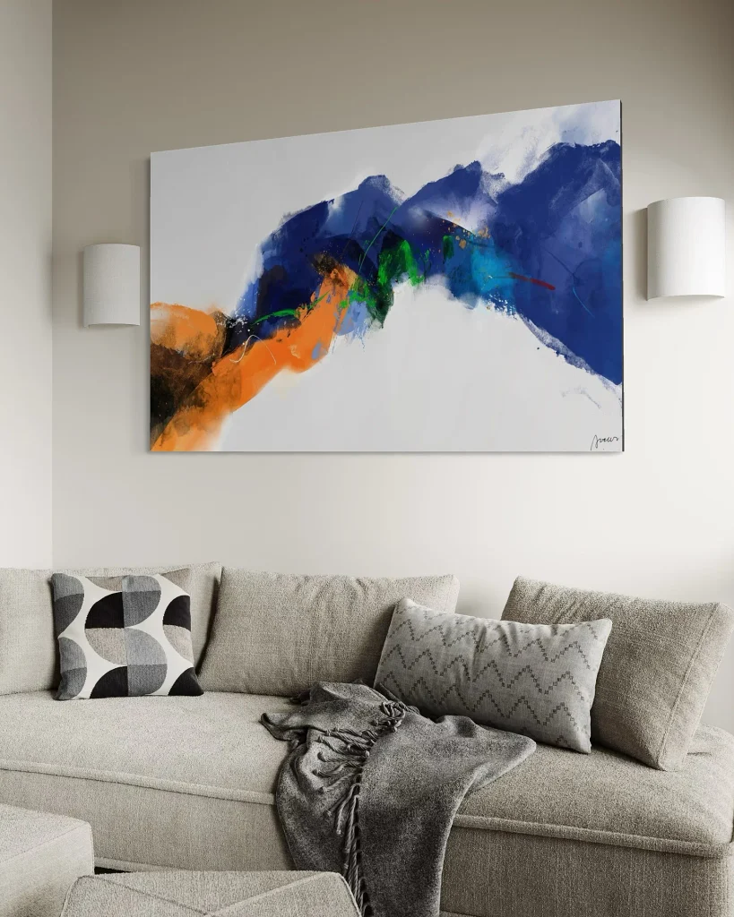 abstract wall art above a sofa