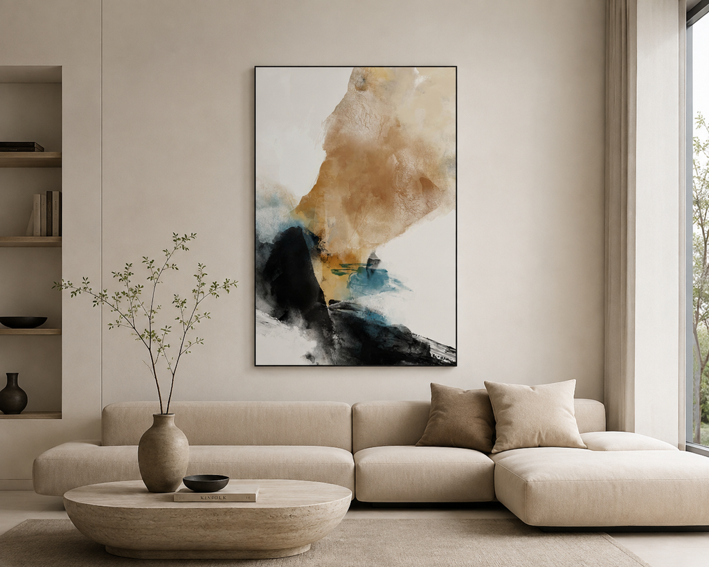 abstract wall art in a minimalist living room