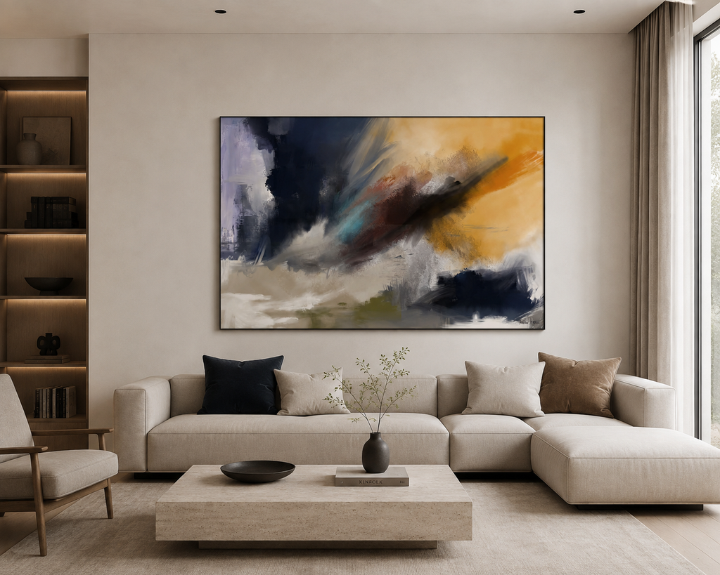 abstract wall art in a modern cool living room