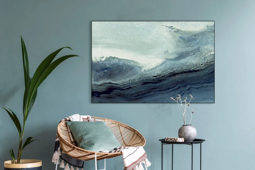abstract wave wall art in a modern living room