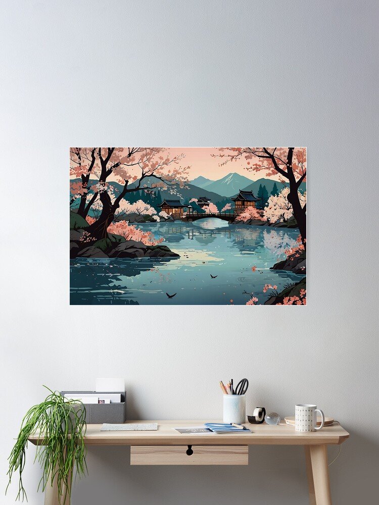 Cherry blossom sakura river nature poster