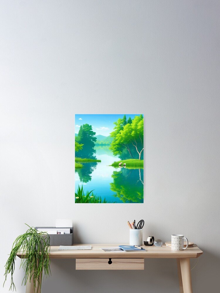 River and trees serene landscape poster
