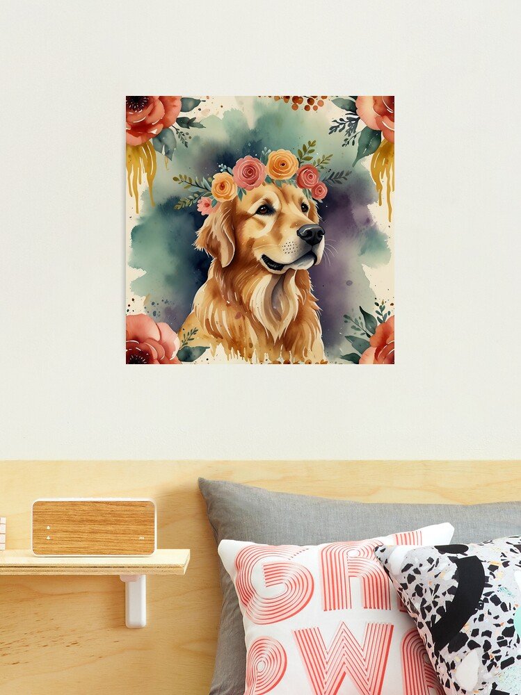 Animal Art Golden Retriever Floral Crown Photographic Print