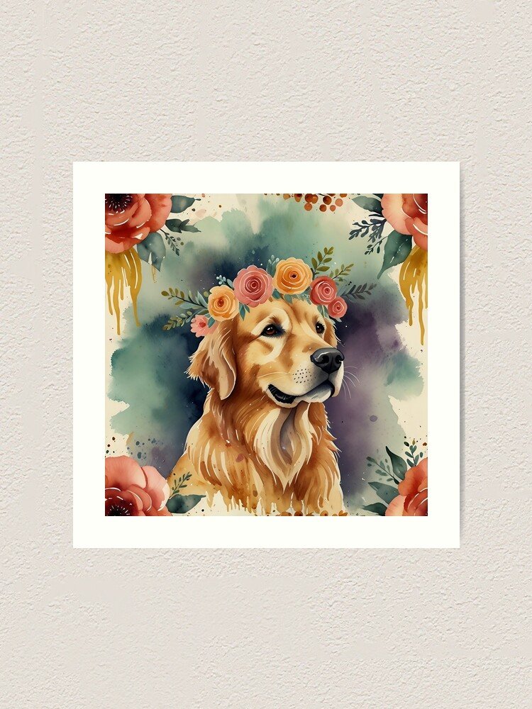 Golden Retriever Floral Crown Art Print