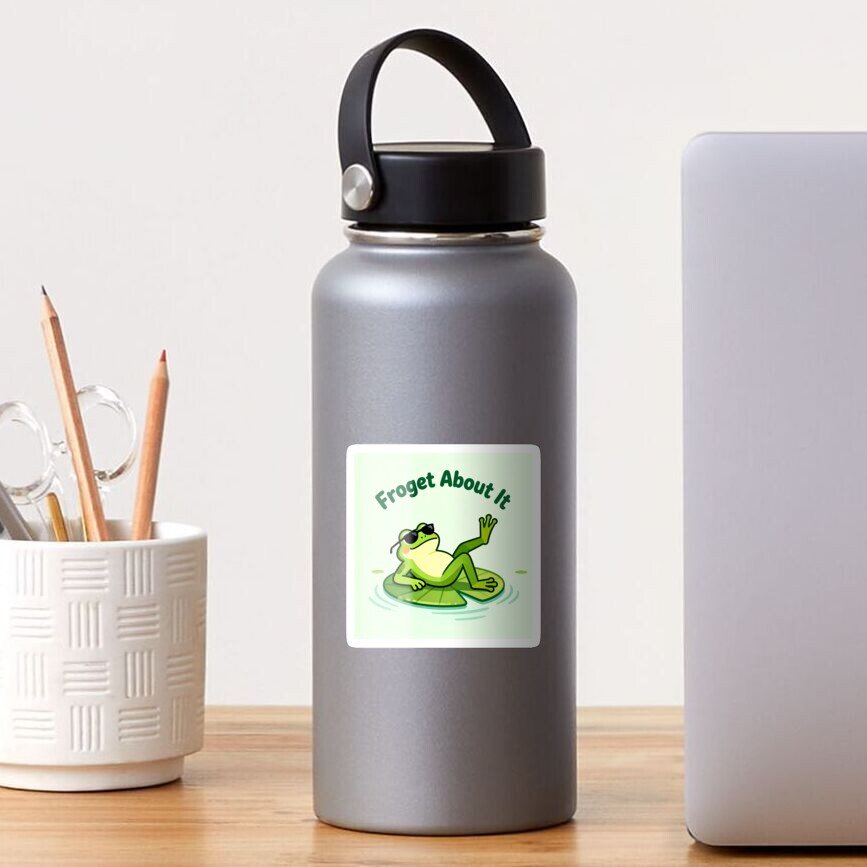 "Froget About It" Funny Frog Pun Sticker on a bottle