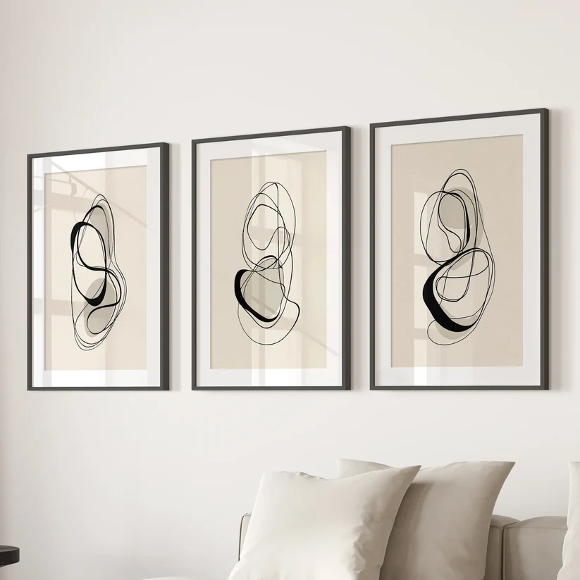 3 Piece wall art set of Black, White and Beige Art 