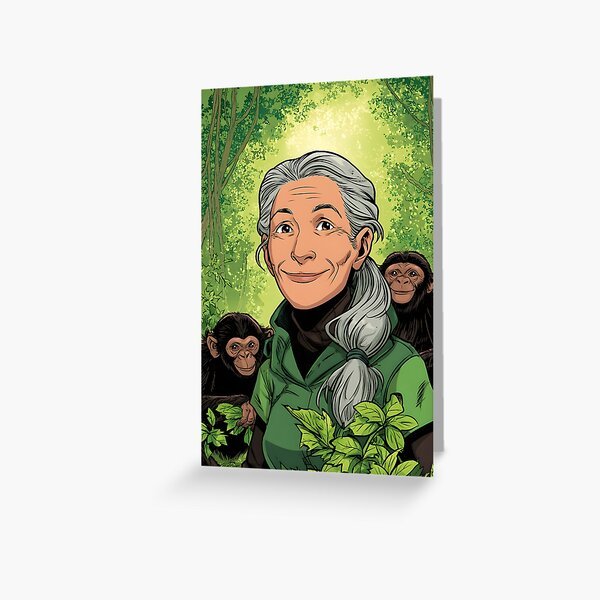 Jane Goodall Cartoon Hero Edition – Fun Wildlife Illustration Greeting Card