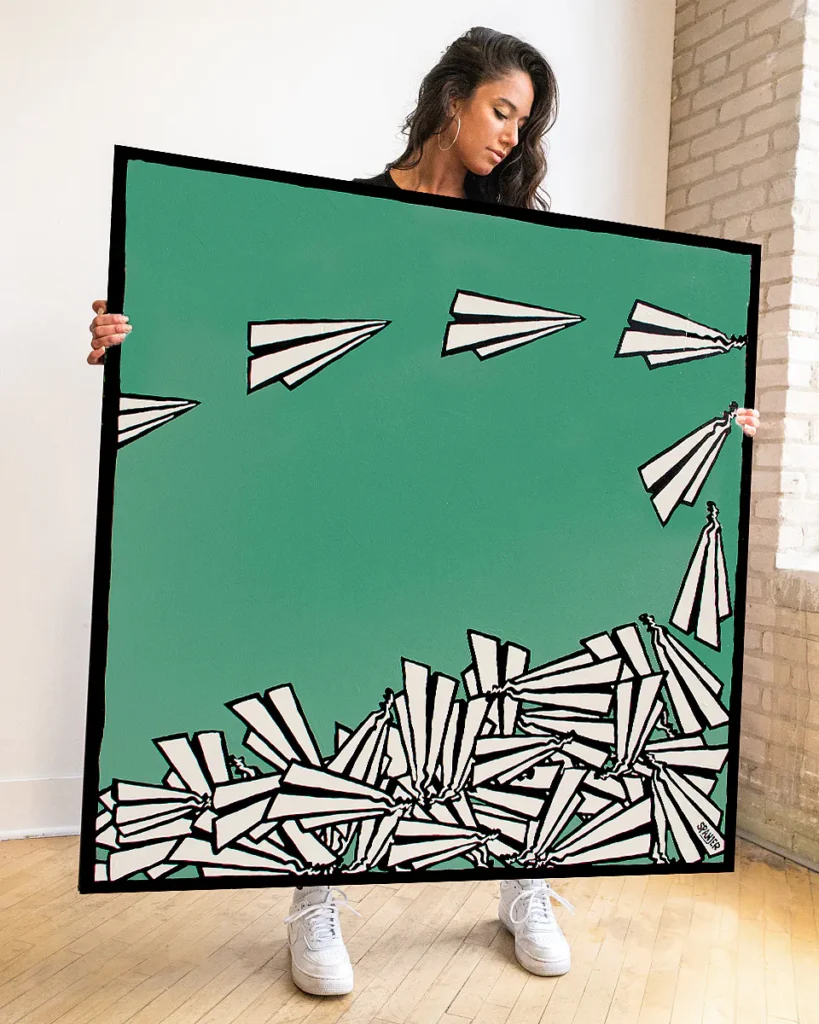 Large Canvas Green Paper Airplane Wall Art