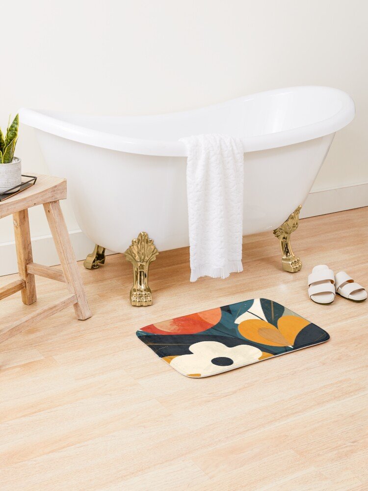 Abstract Floral Modern Bath Mat besides a bath tub