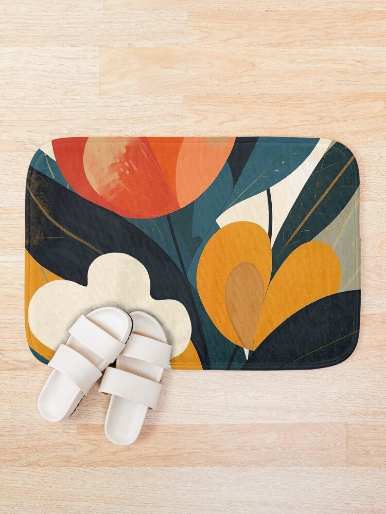 Abstract Floral Modern Bath Mat with white slippers