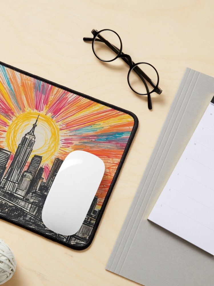 Dreamy City Skyline Mouse Pad with apple mouse