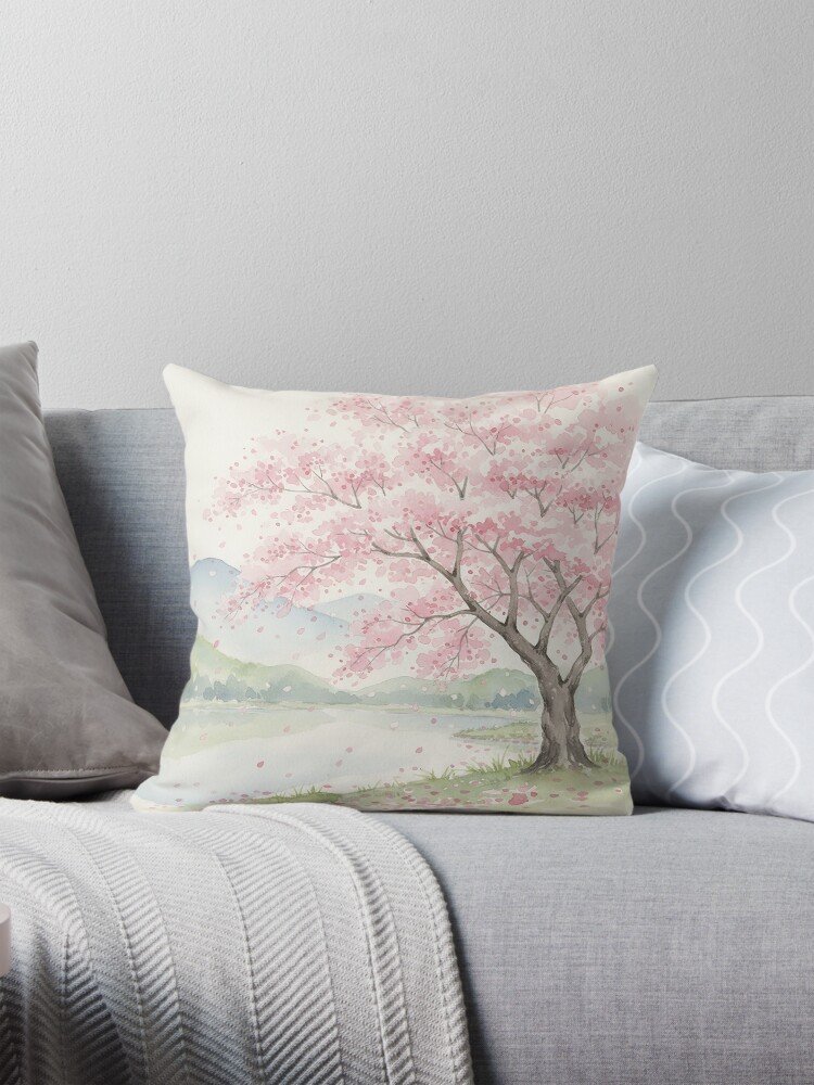 Japanese Watercolor Cherry Blossom Throw Pillow
