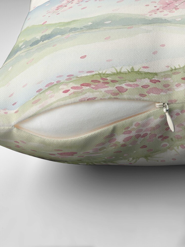 Japanese Watercolor Cherry Blossom Throw Pillow showing chain