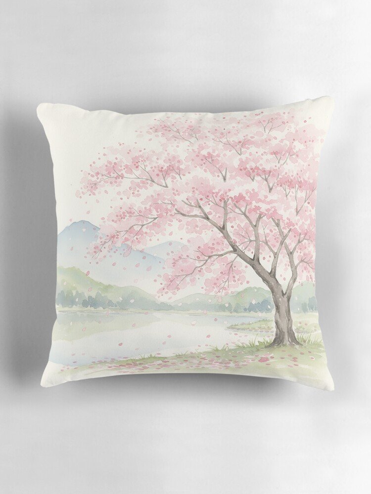 Japanese Watercolor Cherry Blossom Throw Pillow front facing