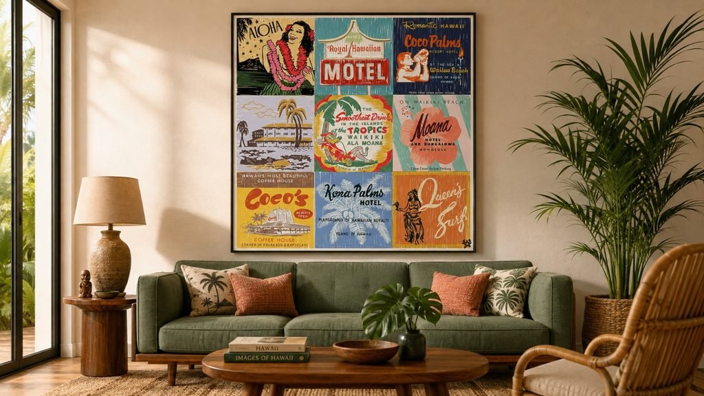 Aloha wall art above a sofa in a modern living room