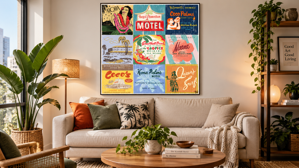Aloha wall art in a cozy apartment room