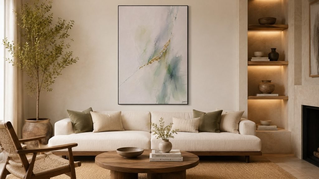 Emerald Traces wall art above a sofa in a cozy living room