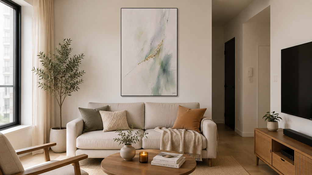 Emerald Traces wall art in a small apartment above a sofa