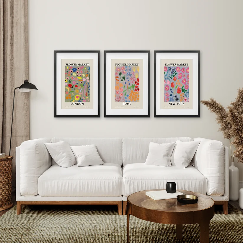 Boho Flower Market Set of 3 Posters (New York, London, Rome)
