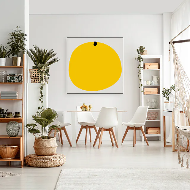Good Luck wall art in a dining room of a small apartment
