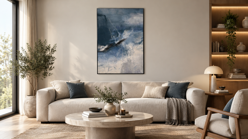 Gray and Blue Abstract Wall Art in a modern living room