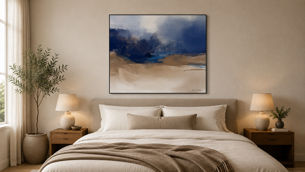 Held Without Words wall art above a cozy bed