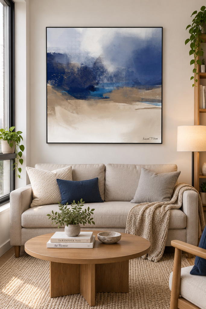 Held Without Words wall art above a sofa in a small apartment