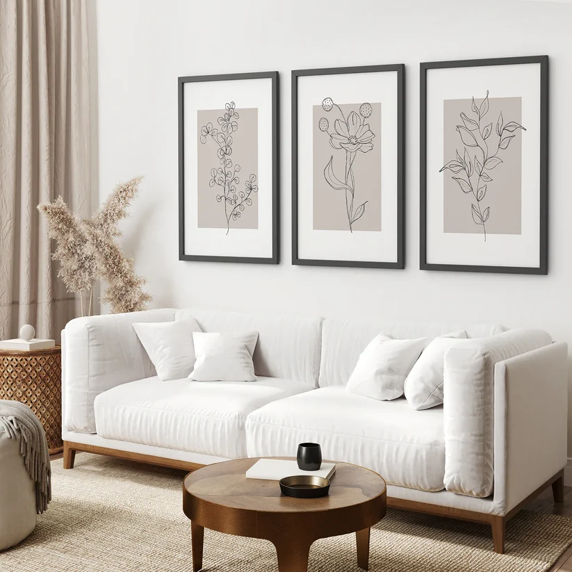 Pastel Botanical Wall Art Set of 3 Pieces (Gray and Beige)