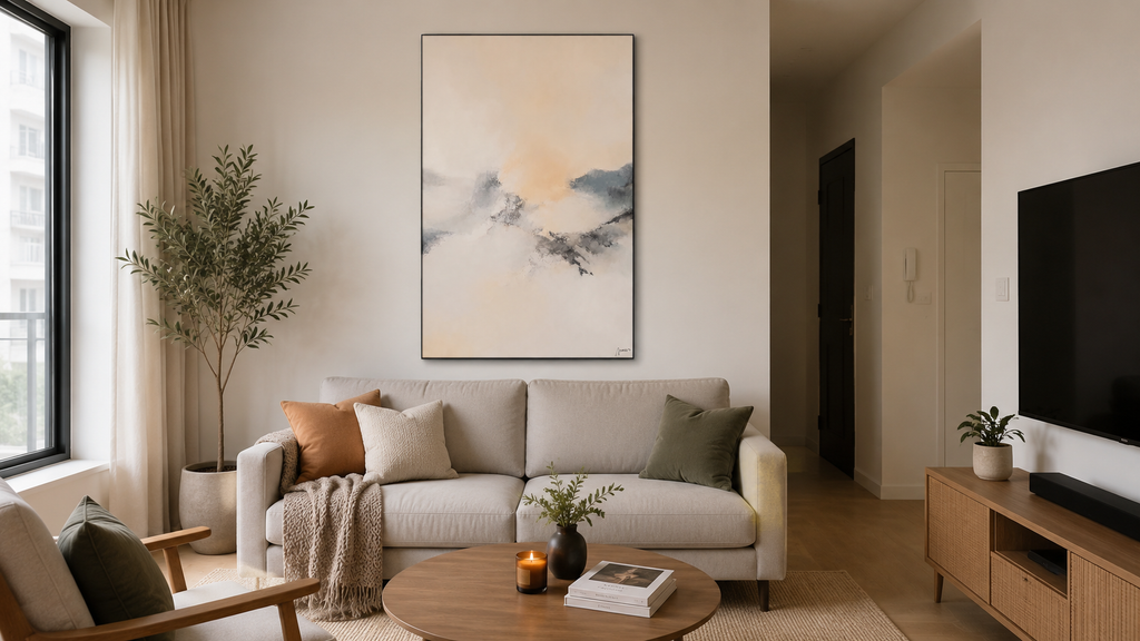 Quiet Valley wall art in a living room of a small apartment