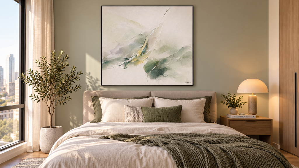 Spring Current wall art above a bed in a small apartment
