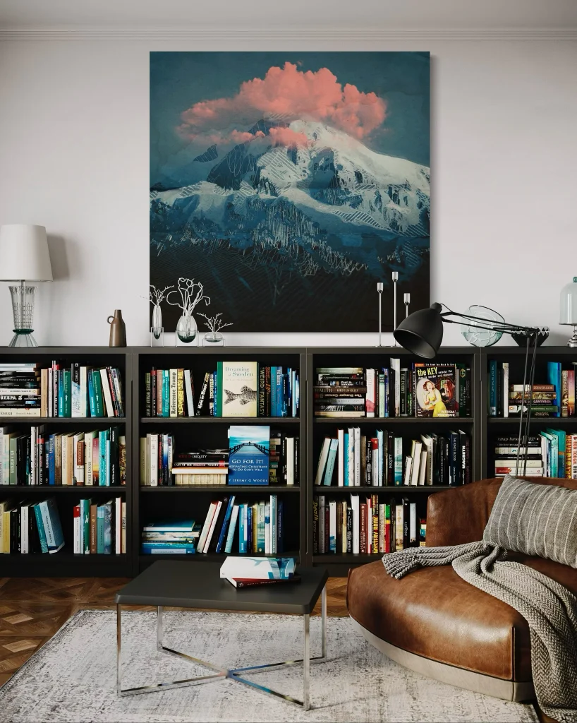 The Glow wall art above a books cabinet in a small apartment
