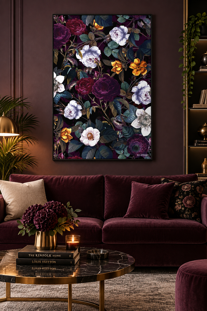 Viva Magenta wall art above a sofa