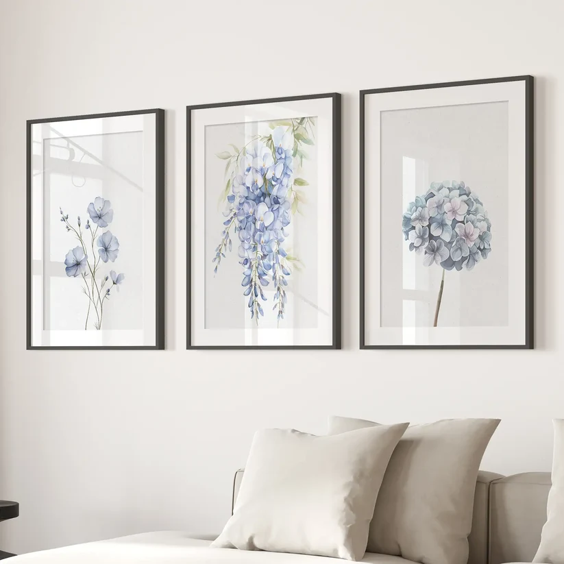 Set of 3 Blue Watercolor Minimalist Flower Prints