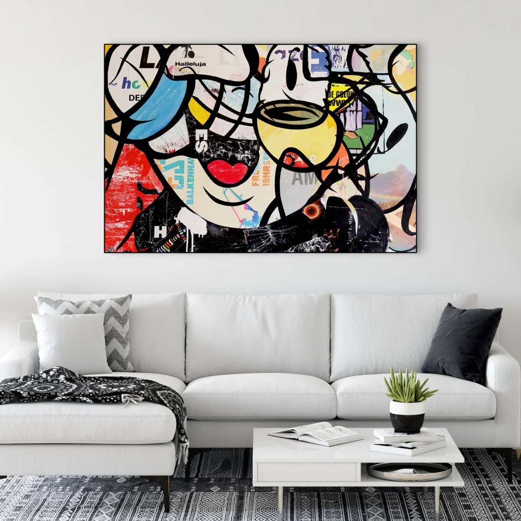 Wild Thoughts colorful wall art above a sofa