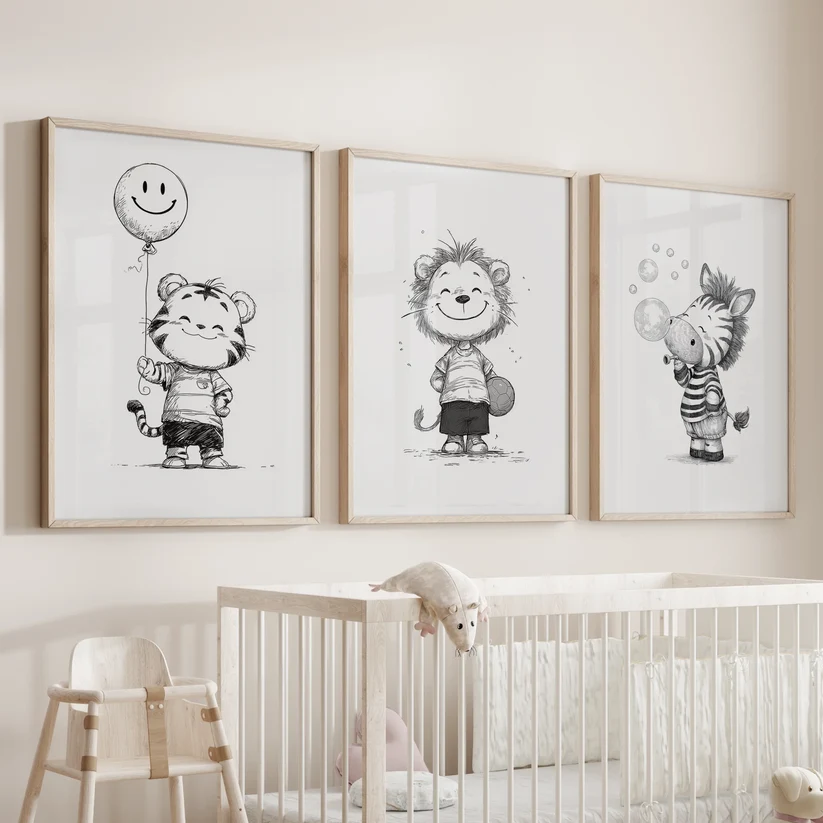 Three black-framed monochrome safari animal prints above a dresser