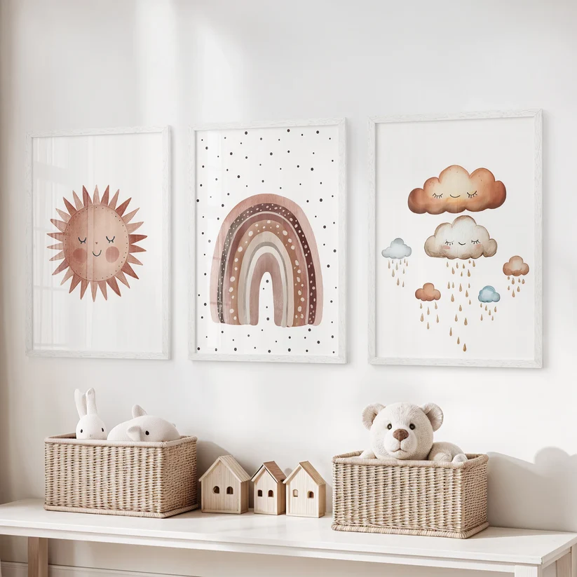 Three-piece boho sun and rainbow wall art in black frames above a chest of drawers