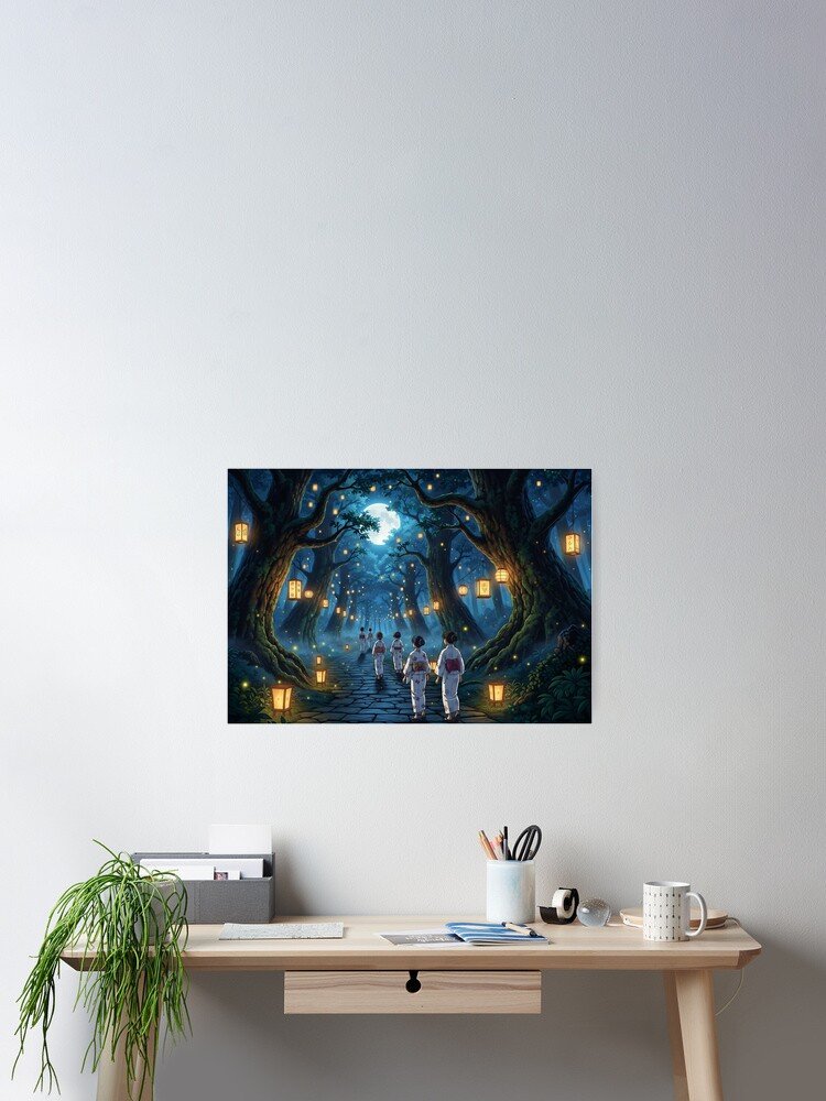 Ghibli Moonlight Forest Path – Mid-Autumn Lantern Walk Poster