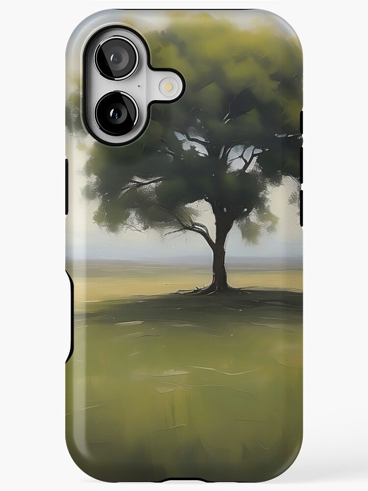 Lone Tree in Open Field – Minimal Nature Oil Painting Style iPhone Case