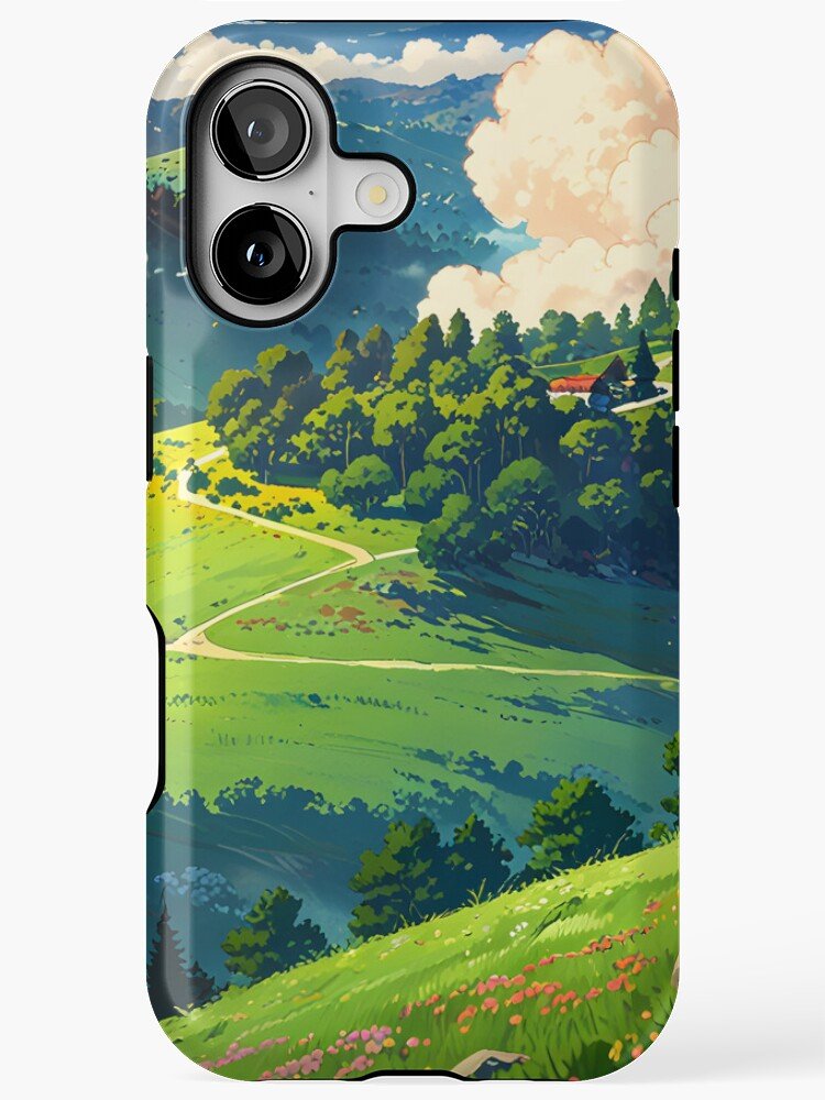 Ghibli-style aesthetic iPhone case with painted landscape