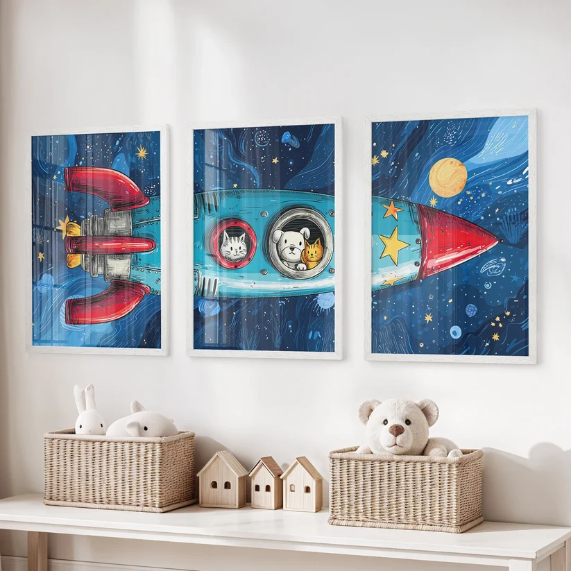 Three black-framed outer space prints with planets and stars above a dresser