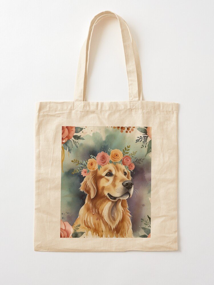Animal Art – Golden Retriever Floral Crown Tote Bag