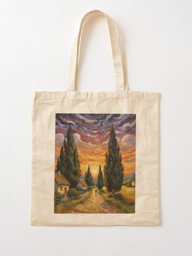 Van Gogh Inspired Sunset Cypress Path Landscape Tote Bag