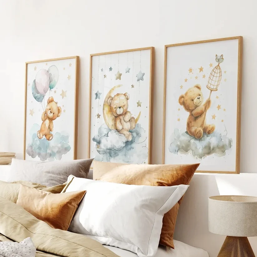 Three-piece watercolor teddy bear and balloon nursery prints in thin wood frames
