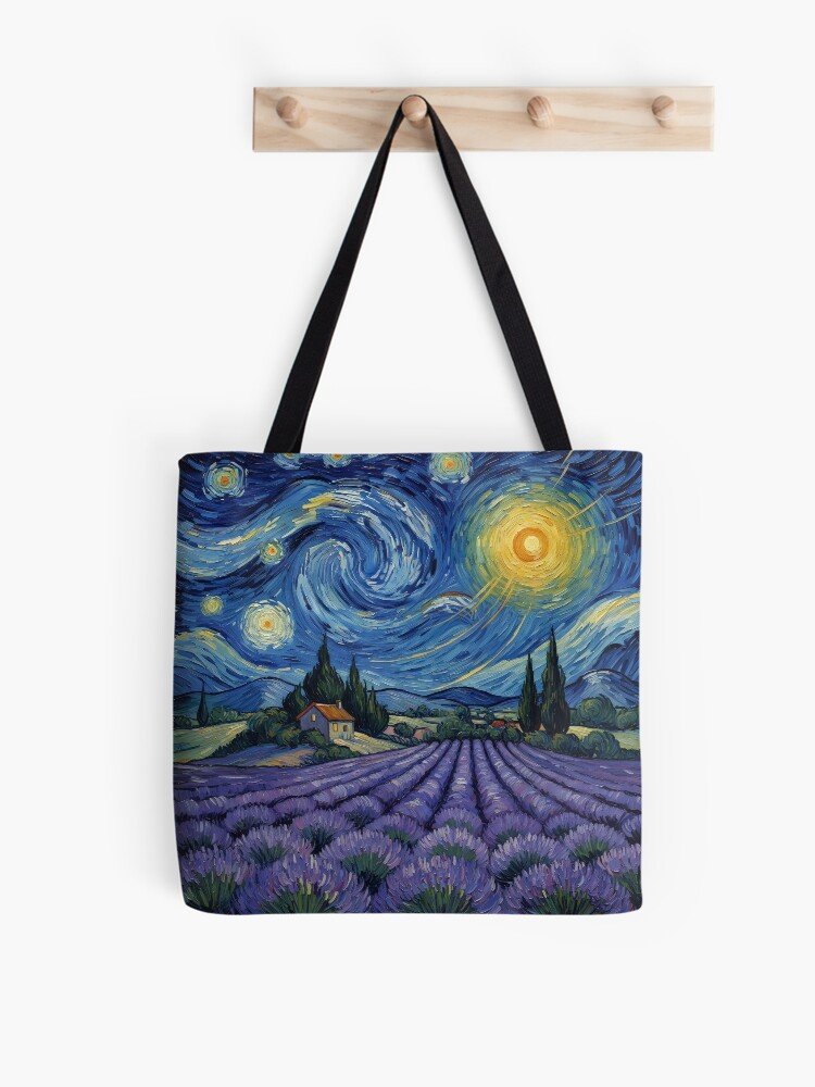Van Gogh Inspired Starry Night Lavender Fields Landscape Tote Bag