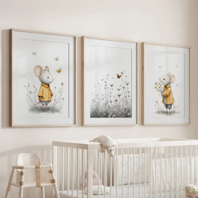 Three-piece whimsical watercolor mouse prints in black frames above a dresser