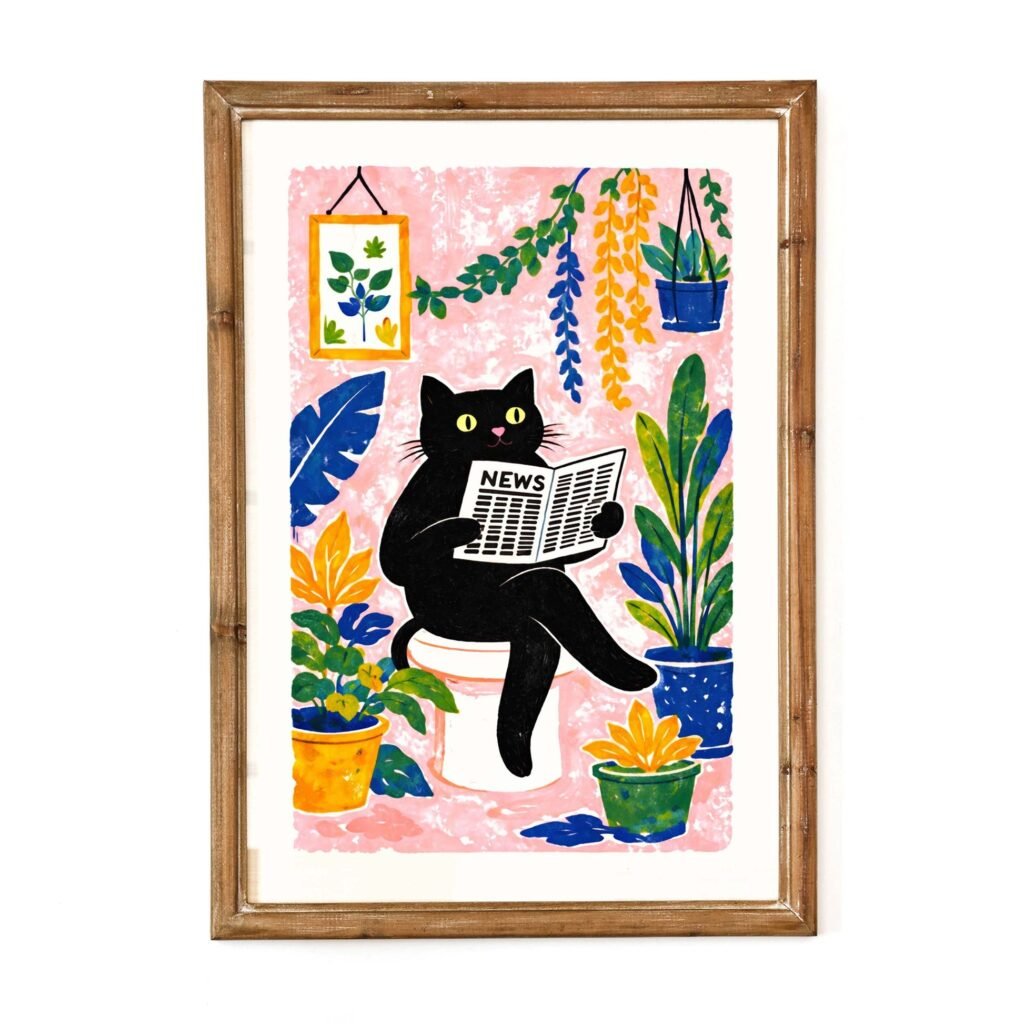 Botanical-style illustration of a cat reading